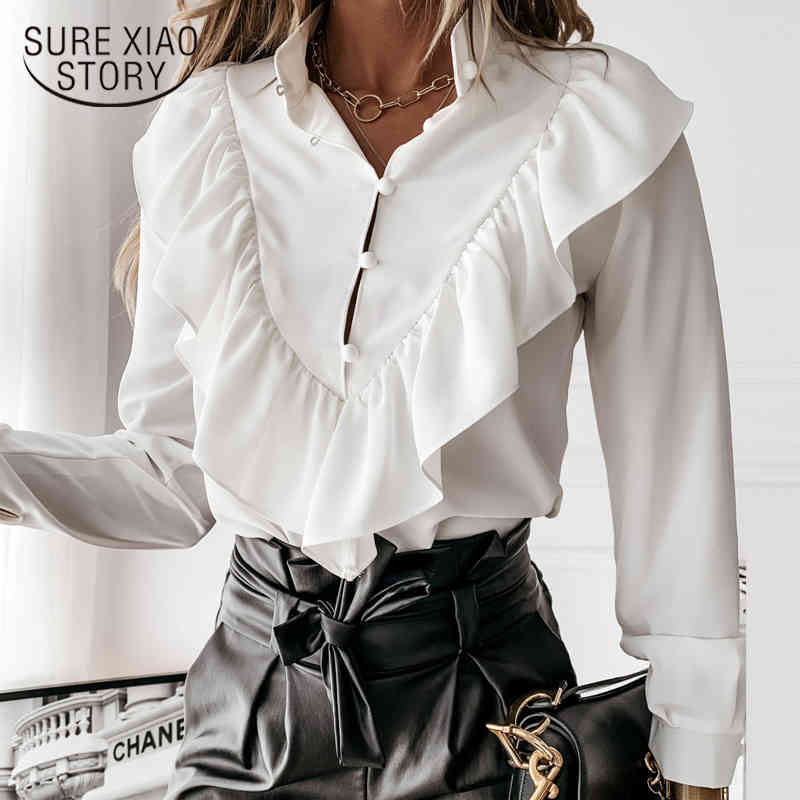 Office Lady Chiffon Polka Dot Shirts Autumn Long Sleeve Ruffled V-neck Blouse Women Elegant Ladies Clothing 12253 210415