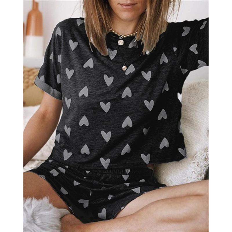 Women Casual Summer Sleep Heart Printed 2 Piece Set Outfits Ladies Homewear Female Lovely Pajamas Nightclothes Two Women's Tracksuits
