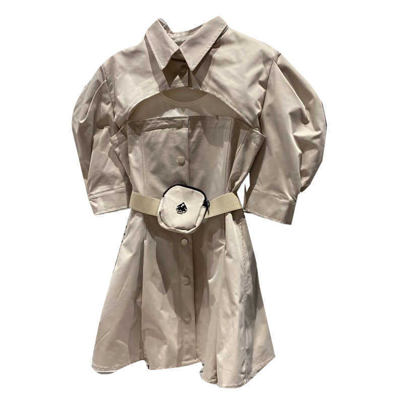 DEAT Women Patchwork Sling Dress Lapel Neck Short Sleeve Arrivals Lady Sexy Temperamnet Fashion Spring Summer 11D1934 210709