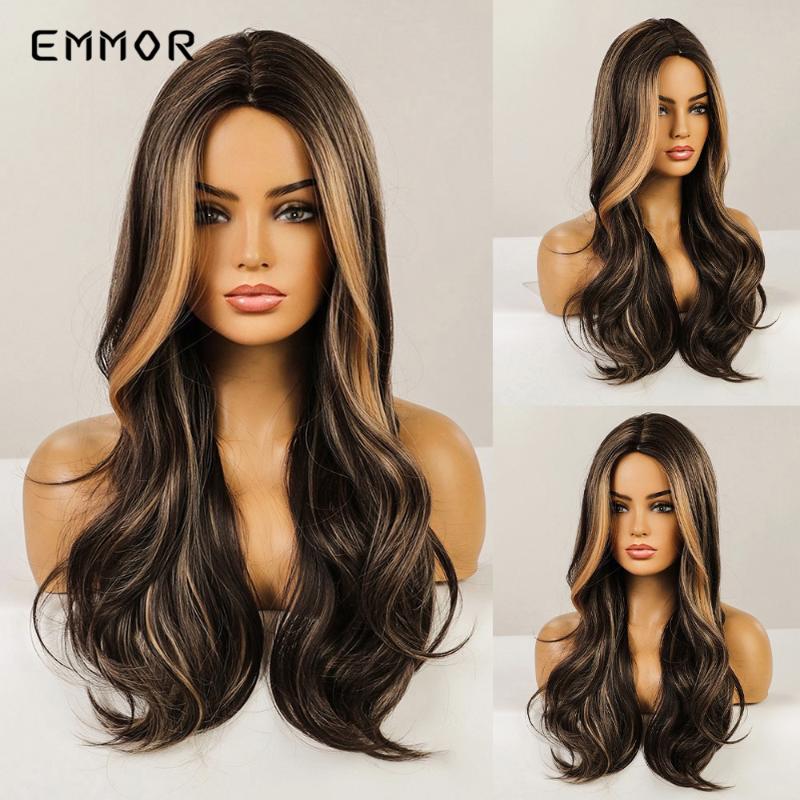 Synthetic Wigs Emmor Natural Long Middle Part Hair Wig Black Brown With Blonde Cosplay Wavy Fashion Heat Resistant For Women