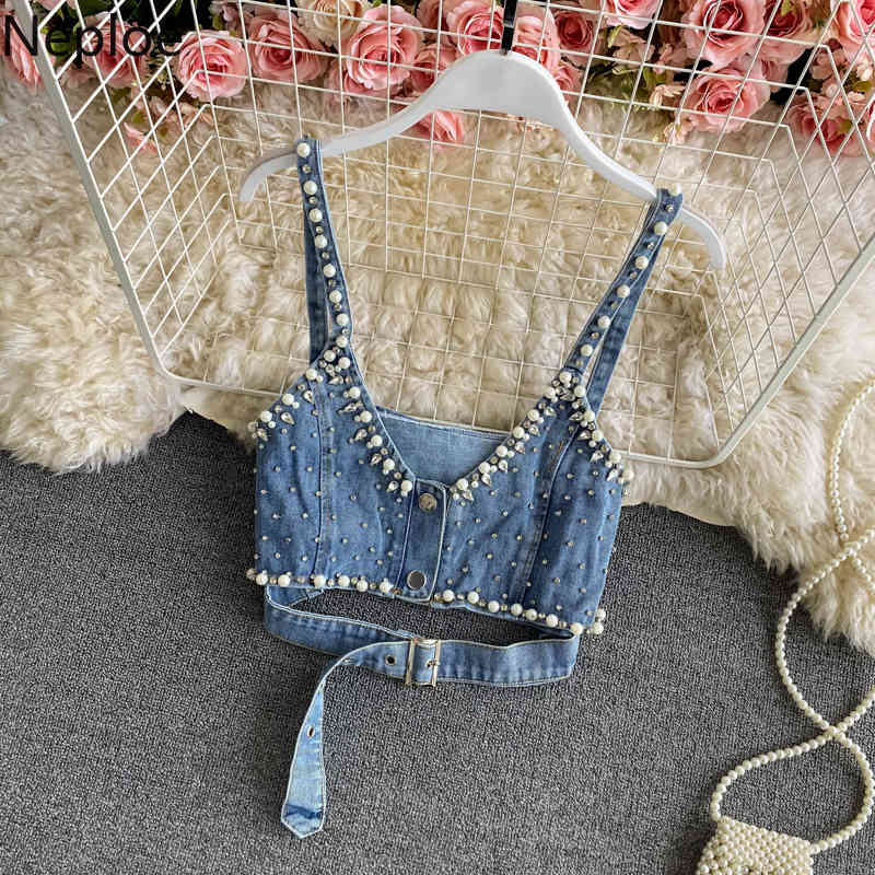 Neploe blouses women Loose Pleated Puff Sleeve Tops Korean fashion white tops beading Denim sling vest Two Piece Set Woman 4h617 210422