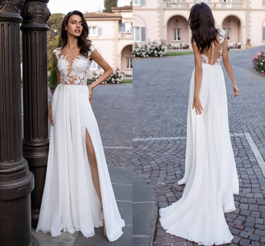 Sexy Beach Boho Wedding Dress 2021 with High Slit Cap Sleeve See-through Applique Chiffon Bride Gowns Vestido De Noiva