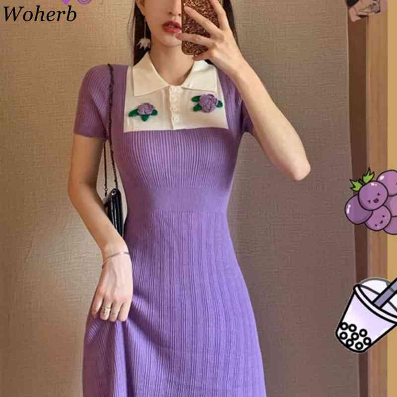 Summer Purple Dress Women Slim Bodycon Knit Stretch Dresses Floral Patch Sexy Short Sleeve Robe Korean Elegant Vestidos 210519