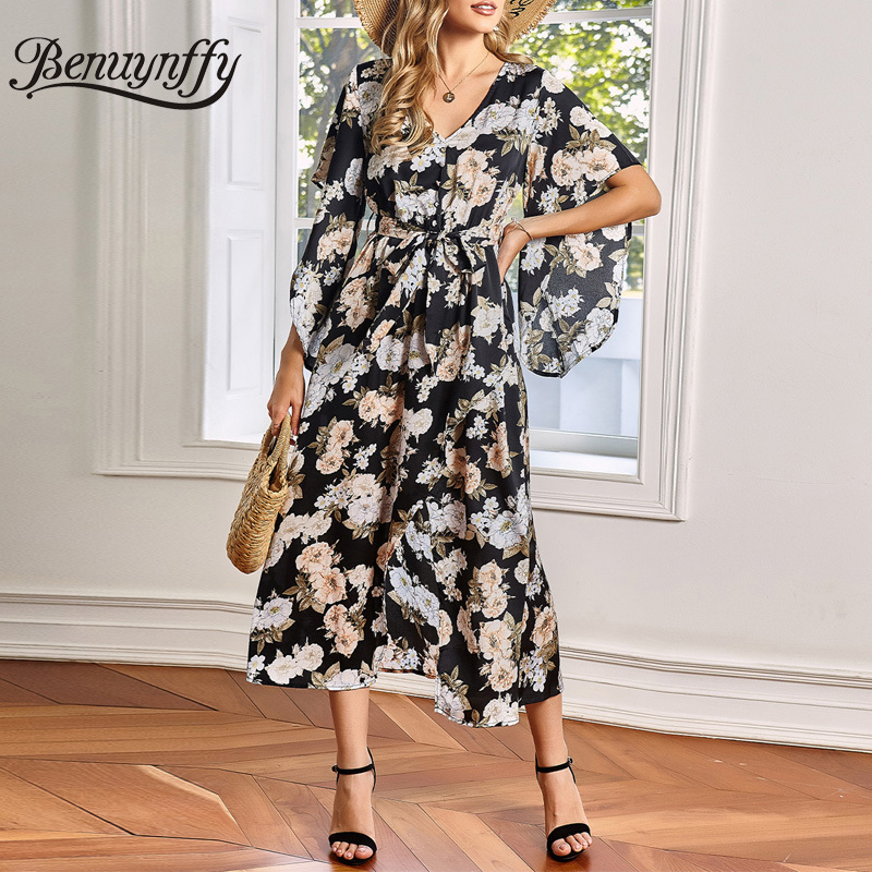 V-neck Holiday Style Floral Print Women Long Dresses Summer Beach Casual High Waist Belted Split Dress Ladies 210510