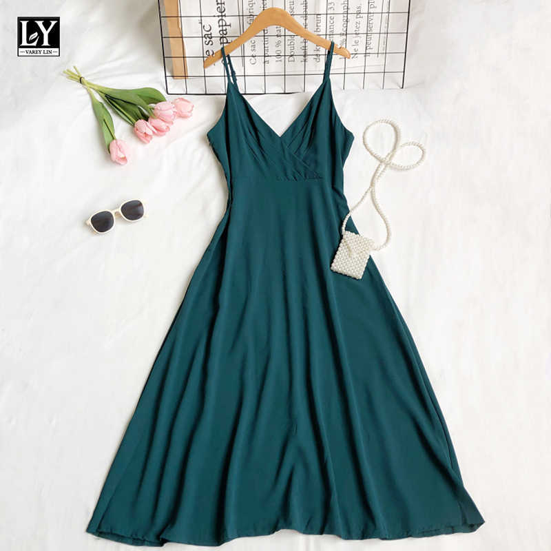LY VAREY LIN Summer Women Sexy Slim Solid Color High Waist A-line Suspender Dress Casual V-neck Sleeveless 210526
