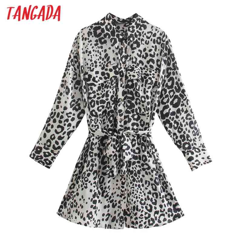 Fashion Women Leopard Print Loose Shirt Long Sleeve High Street Ladies Mini Dress 5Z88 210416