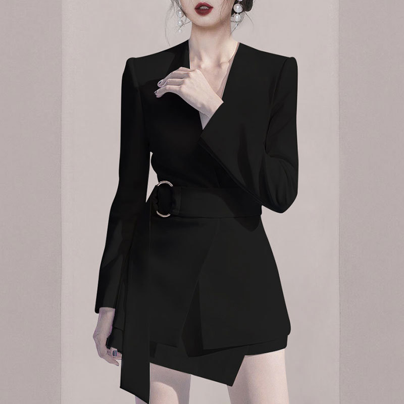 Women Spring And Autumn Fashion Temperament With Belt Waist White Suit Jacket + Asymmetrical Two-Piece Female Skirt Sets 210520