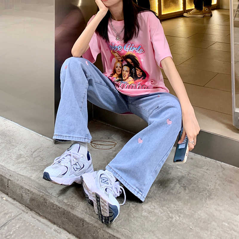 GJBD Women's Jeans Vintage Heart Shaped Embroidery Streetwear High Waist Wide Leg Pants Baggy Harajuku Straight Denim Trouser 210922