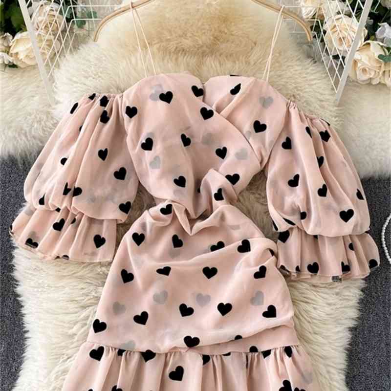 Neploe Sexy Shoulder Strapless Love Heart Print Dresses Sweet Ruffles Patchwork Mini Dress Women Puff Sleeve Zip Camis Vestidos 210422