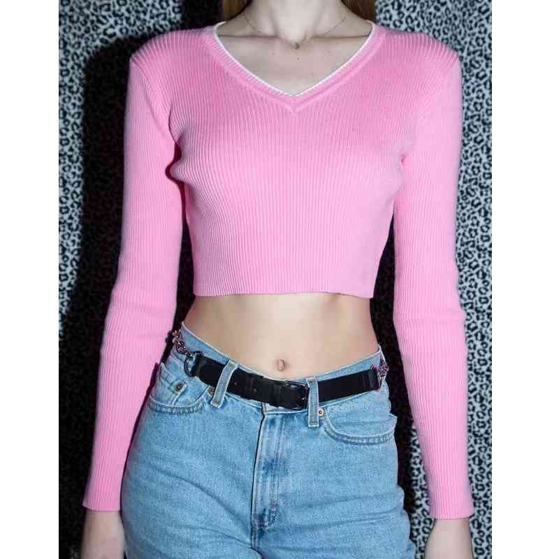 Women Contrast Colors V-neck Long Sleeve Ribbed Sweater Fitted Crop Knit Pullover 210512