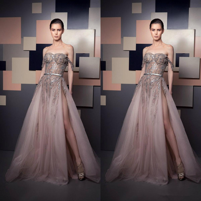 Elegant A Line Evening Dresses Off Shoulder Luxury Beads Sequins Illusion Side Split Prom Dress Party Wear Special Gowns Custom Made Robes De Soirée