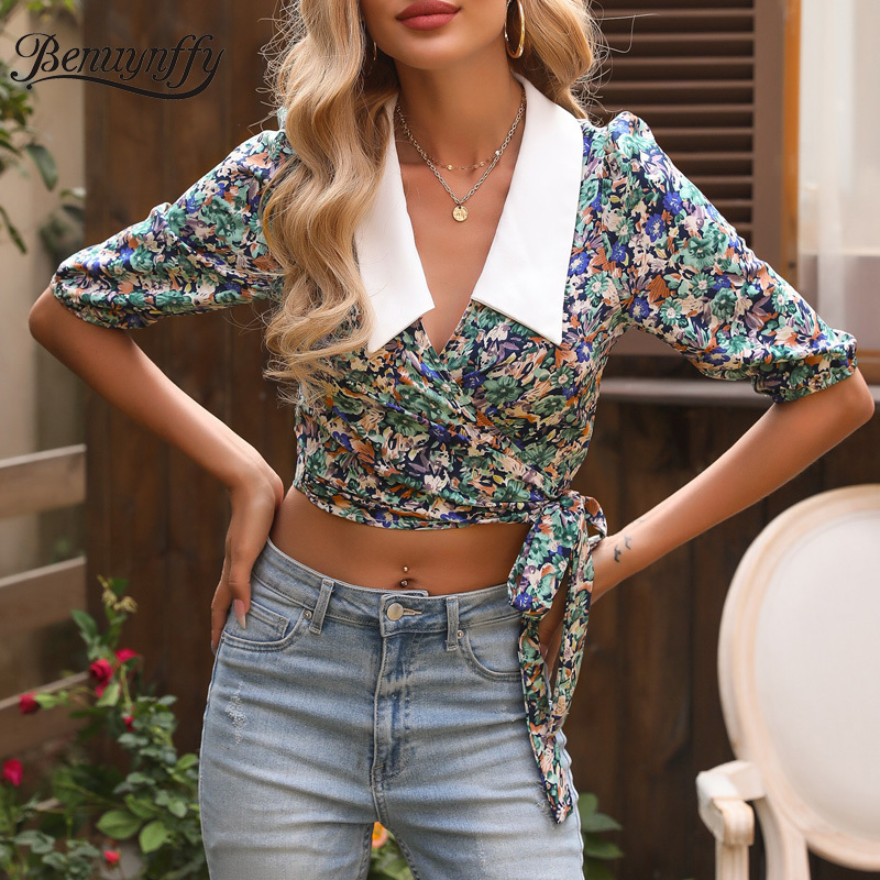 White Collar Floral Print Wrap Blouses Women Summer Puff Sleeve Crop Top Boho Casual Bow Tie Waist Ladies Blouse 210510