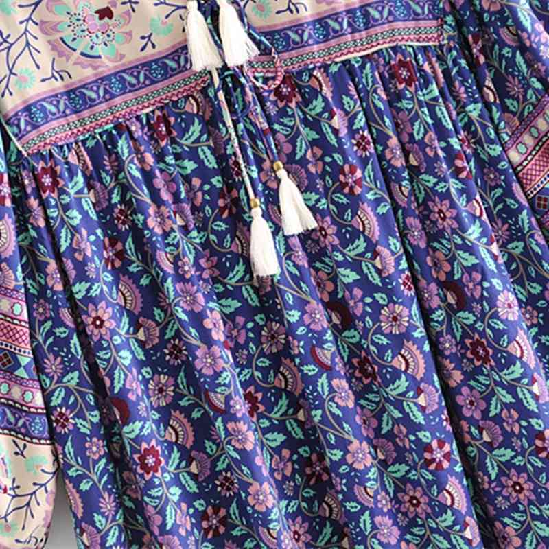 beauty Fashion Boho Floral Print Maxi Summer Dress Women Holiday Chic Tassel Tie Loose Dresses Female Beachwear 210514