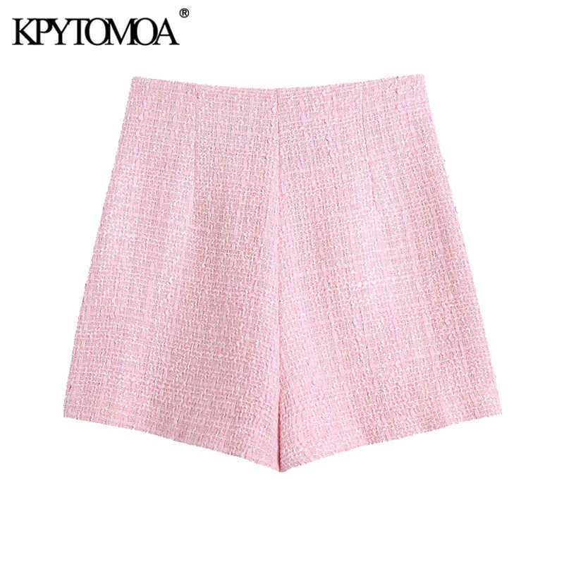 KPYTOMOA Women Chic Fashion Tweed Shorts Skirts Vintage High Waist Back Zipper Female Skort Mujer 210611