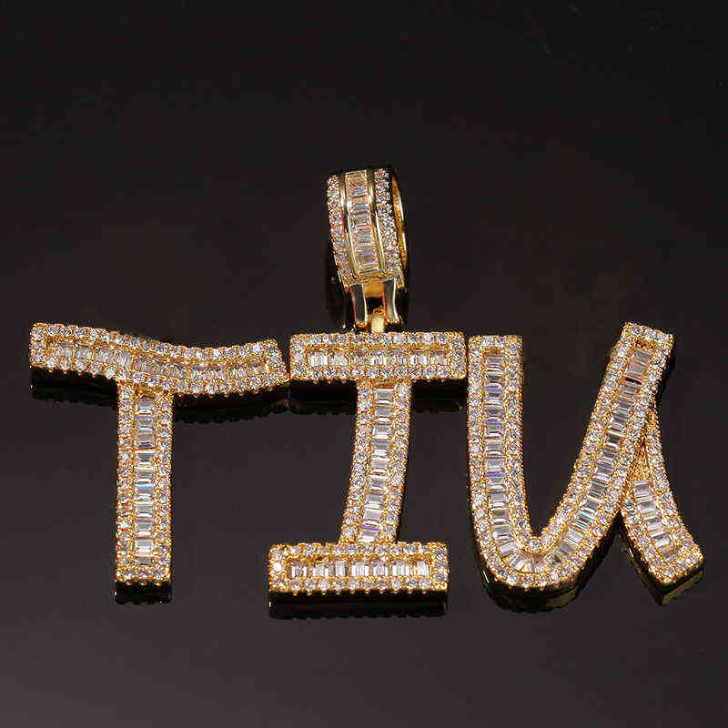 Custom Name Words Baguette Letters Pendant Gold silver Color Charm Zirconia Men's Hip Hop Necklace Chain Rock Jewelry 211123