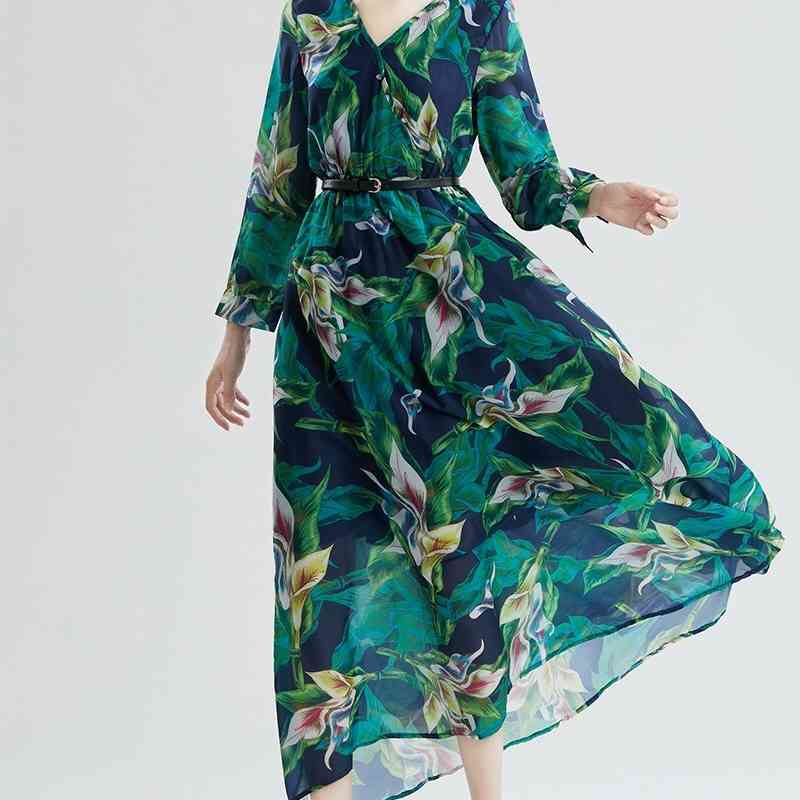 spring summer green flower leaf printed high waist chiffon v-neck maxi dress for women casual boho ropa femme robe hiver 210421