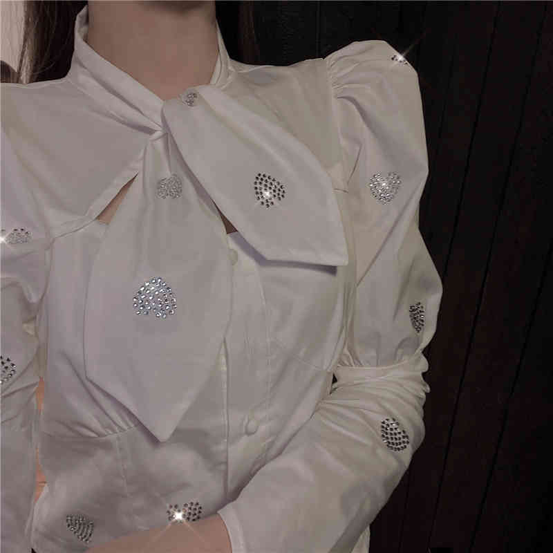 Nomikuma Women Blouse Autumn Winter Diamonds Tie Top Shirts Korean Causal Puff Sleeve Short Tops Femme Blusas Mujer 6D698 210427