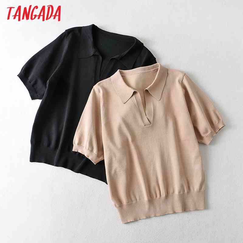Women Fashion Khaki Knitted Sweater Jumper Short Sleeve Summer Female Pullovers Chic Tops AI48 210416