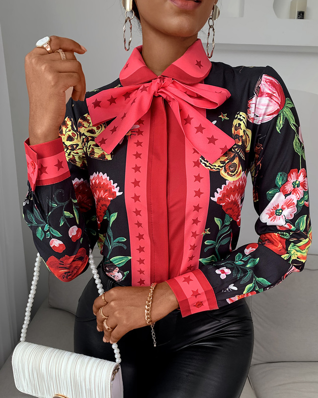 Women Casual Autumn Turn-down Collar Chic Chiffon Blouse Tie Neck Floral Long Sleeve Ladies Shirt 220308