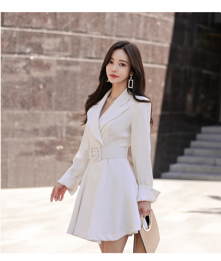 Autumn Women white Double-Breasted Short Dress Formal Long Sleeve Notched Collar Slim Casual High Waist 210519