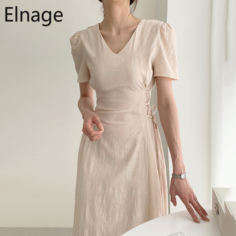 Korean Temperament Pattern V-neck Slim Side Lace Up Maxi Dress Women Short Sleeve Summer Dresses Cotton and Linen Robe 5B083 210429