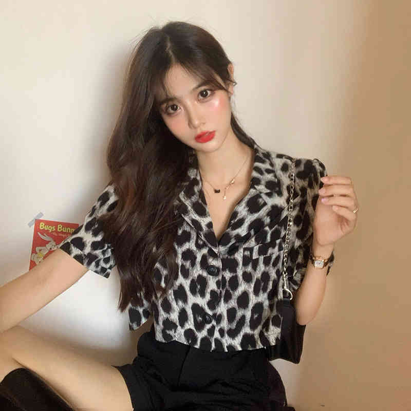 2style Vintage Notched Short Sleeve Leopard Blouse Women Fashion Camisas Mujer Casual Blusas Print Summer Tops 210429