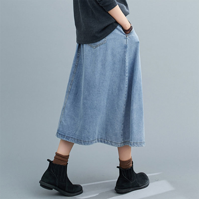 Autumn Arts Style Women High Waist Cotton Denim Skirts All-matched Casual Vintage A-line Long Skirt Plus Size M647 210512