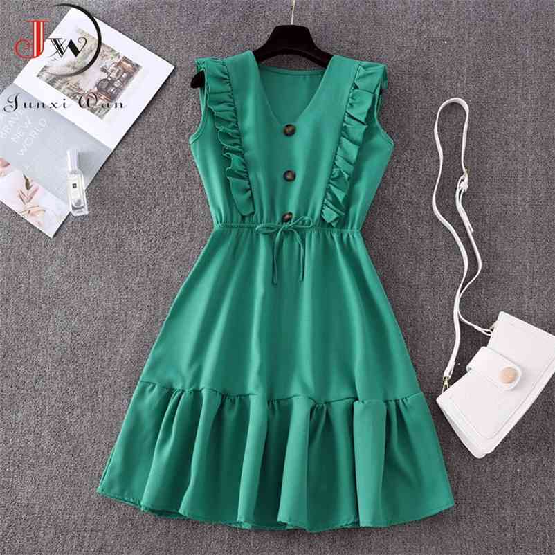 Women Summer Dress Fashion Solid V neck Ruffles Sleeve Elegant Party Dresses Vintage Beach Sundress Streetwear Outfits 210331