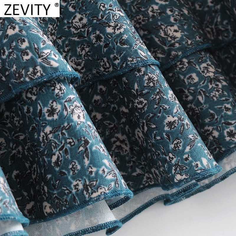 Zevity Women Vintage Cross V Neck Floral Print Ruffles Mini Dress Femme Long Sleeve Bow Tied Sashes Vestido Cloth DS4702 210603