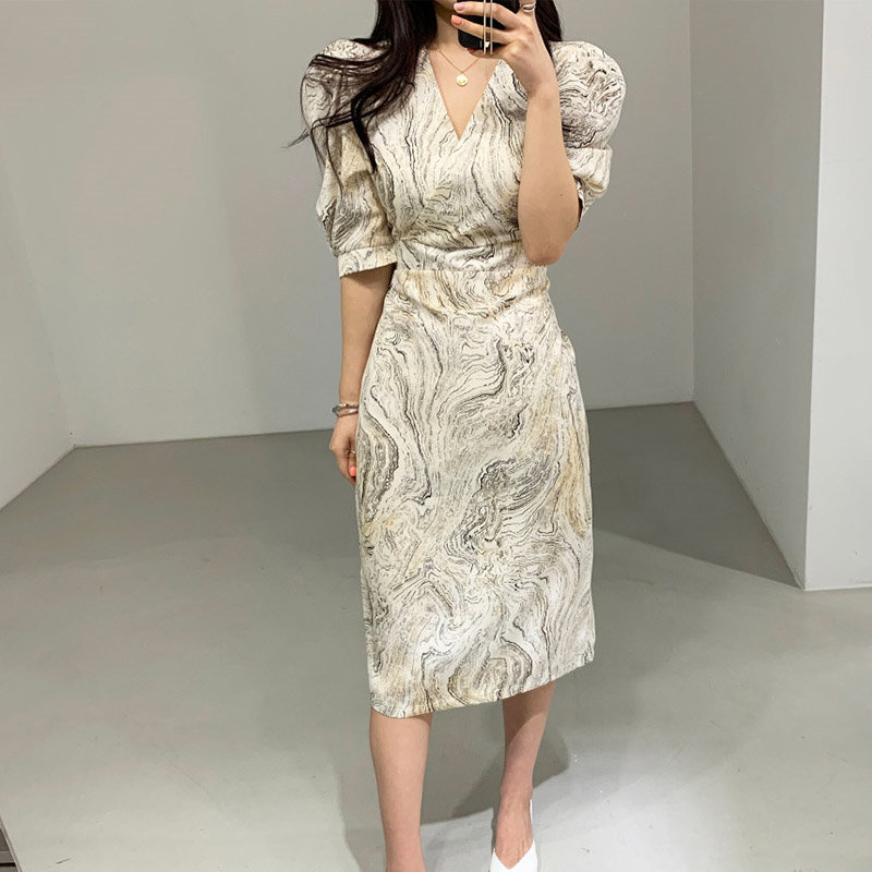 All Match Printed OL Short Sleeves Slimming Chic High Waist Office Lady Retro Vintage Women Elegant Dresses 210421