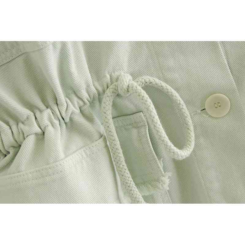 Foridol Woman Dress Waist Drawstring with Pockets Denim Dress Single Breasted Long Sleeve Mini Dress Vestido De Mujer 210415