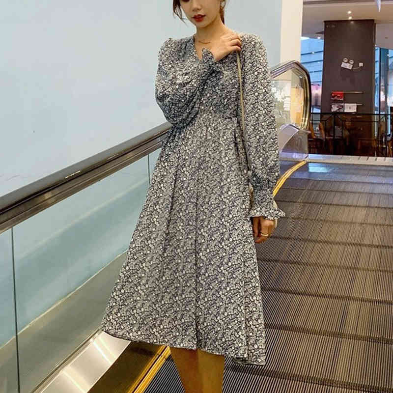 Korean A-Line V-Neck Elegant Dress Women Summer Long Sleeve Midi Chiffon Floral Party es For Vestidos 12093 210508