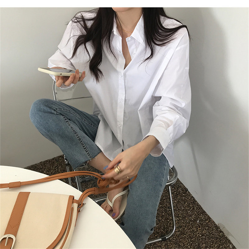 White Solid Color Chic Office Lady Blouses Brief Minimalist Stylish Tops Fresh Women Loose Gentle Casual Shirts 210421