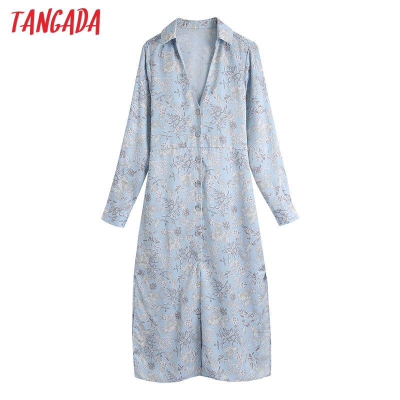 Fashion Women Flowers Print Shirt Long Sleeve High Street Ladies Midi Dress with Slash BE602 210416