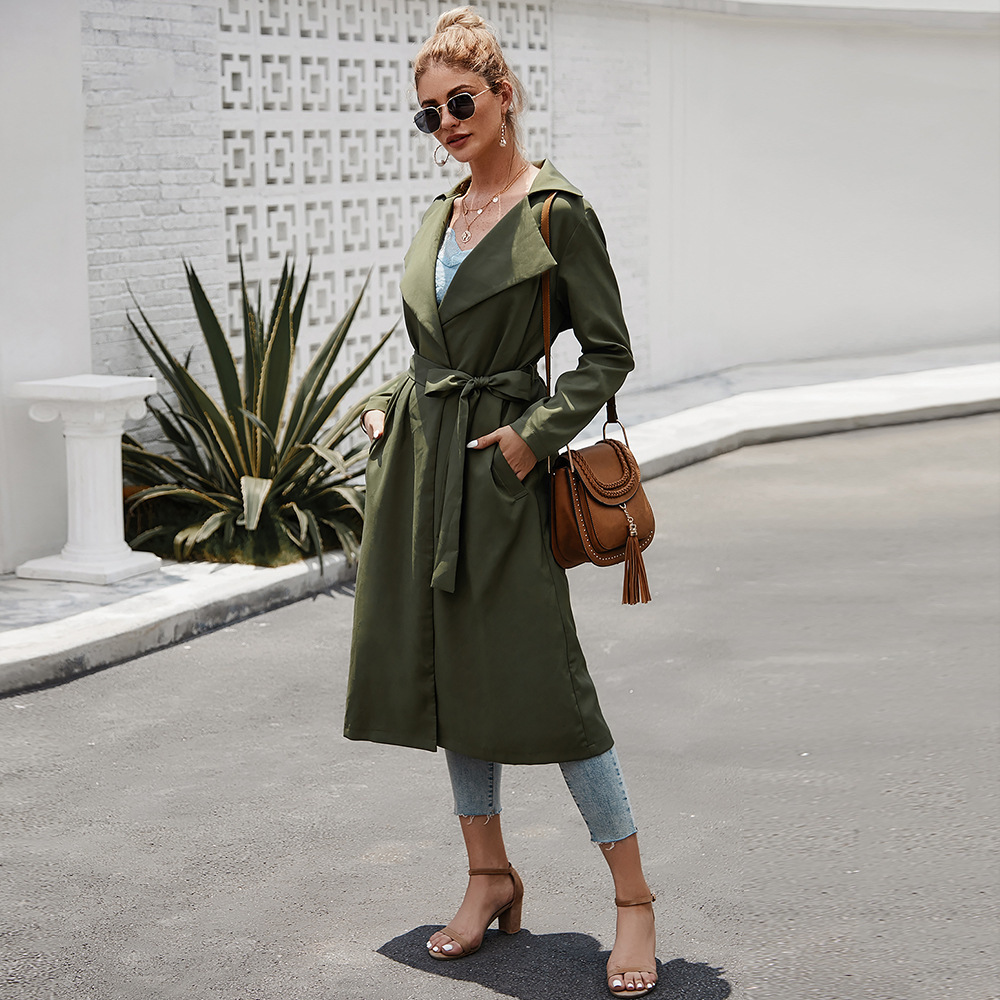 Women's trench Fashion Army green turn down collar long slim coat OL Ladies Long Chic Trench Coats 210524