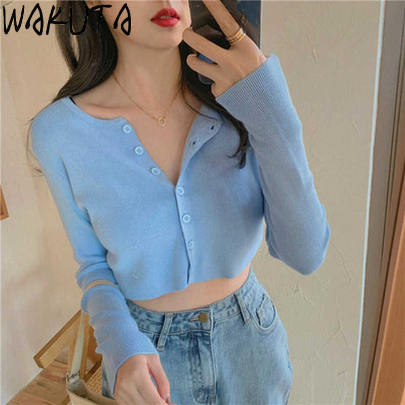 WAKUTA Women Thin Knitted Cardigan Korean O-neck Short Knitwear Fashion Sleeve Sun Protection Crop Top Ropa Mujer 6B082 210914