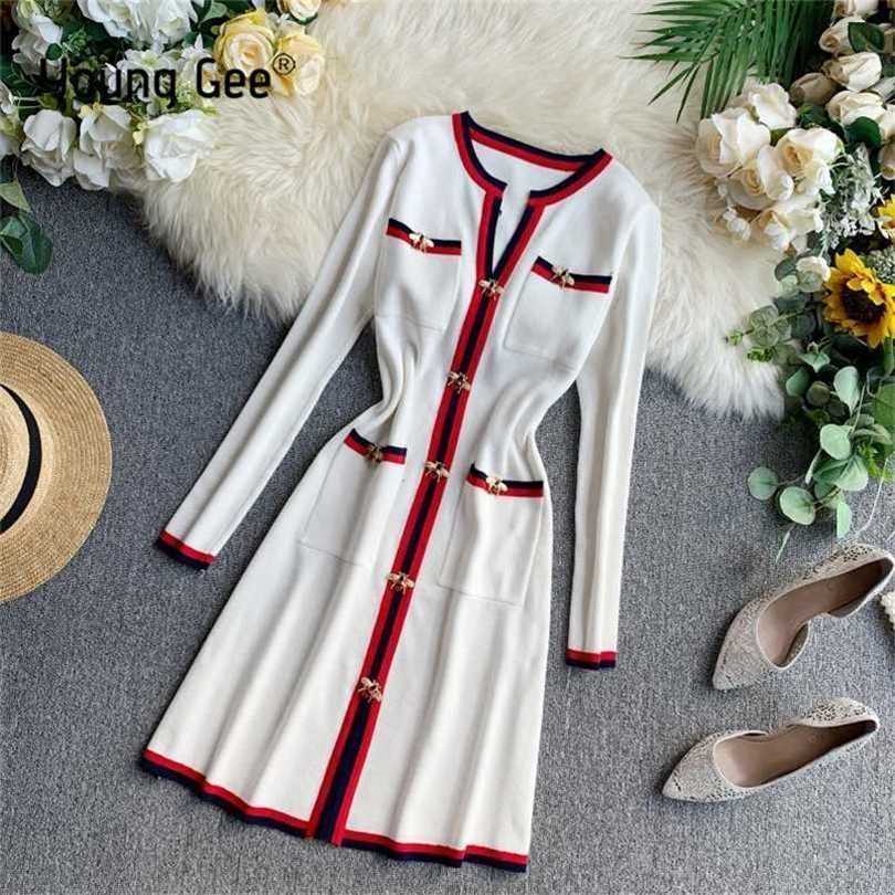 Young Gee Autumn Women Fashion Knitted Dress Long-sleeved V-neck Ladies Pullovers Winter Vintage Bee Buttons Sweater Dresses 211109, Black
Young Gee Autumn Women Fashion Knitted Dress Long-sleeved V-neck Ladies Pullovers Winter Vintage Bee Buttons Sweater Dresses 211109, Black
