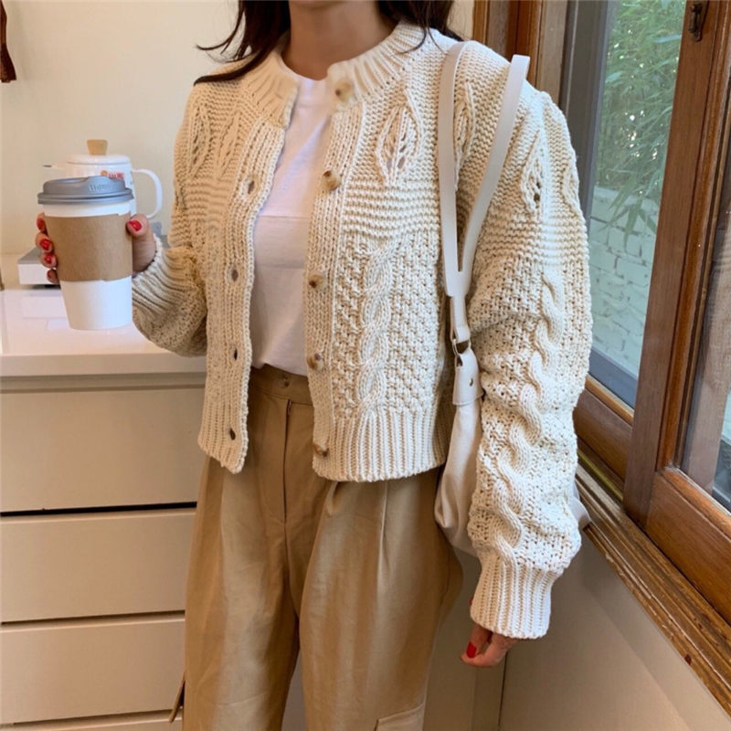 Students Stylish Thicken Casual Twisted Autumn Cardigans All-Match Full-Sleeved Brief Women Basic Short Sweaters 210421