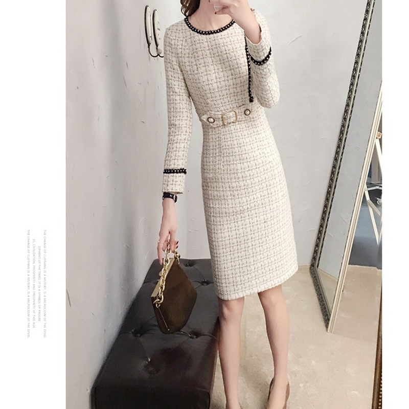 Tweed Dress Women Spring Long Sleeve Vintage Plaid Female Elegant Woolen Ladies Office Vestidos 210520