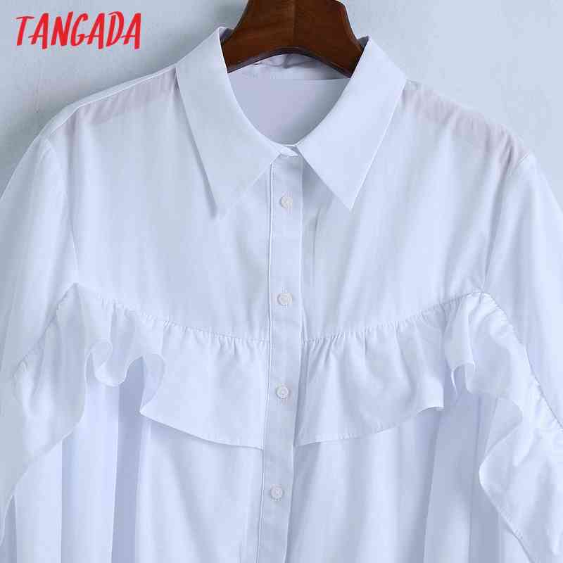 Women Ruffles White Shirts Long Sleeve Turn Down Collar Elegant Ladies Crop Tops 6Z73 210416