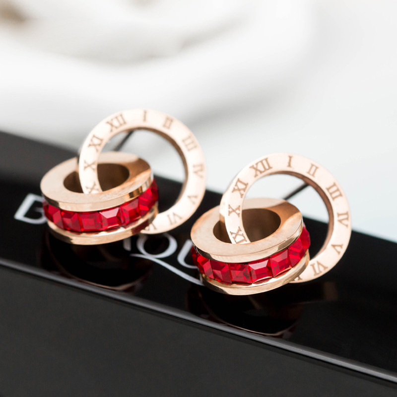 New Trendy Double Circle Roman Numerals Diamond Stud Charm Earrings Stainless Steel Earring