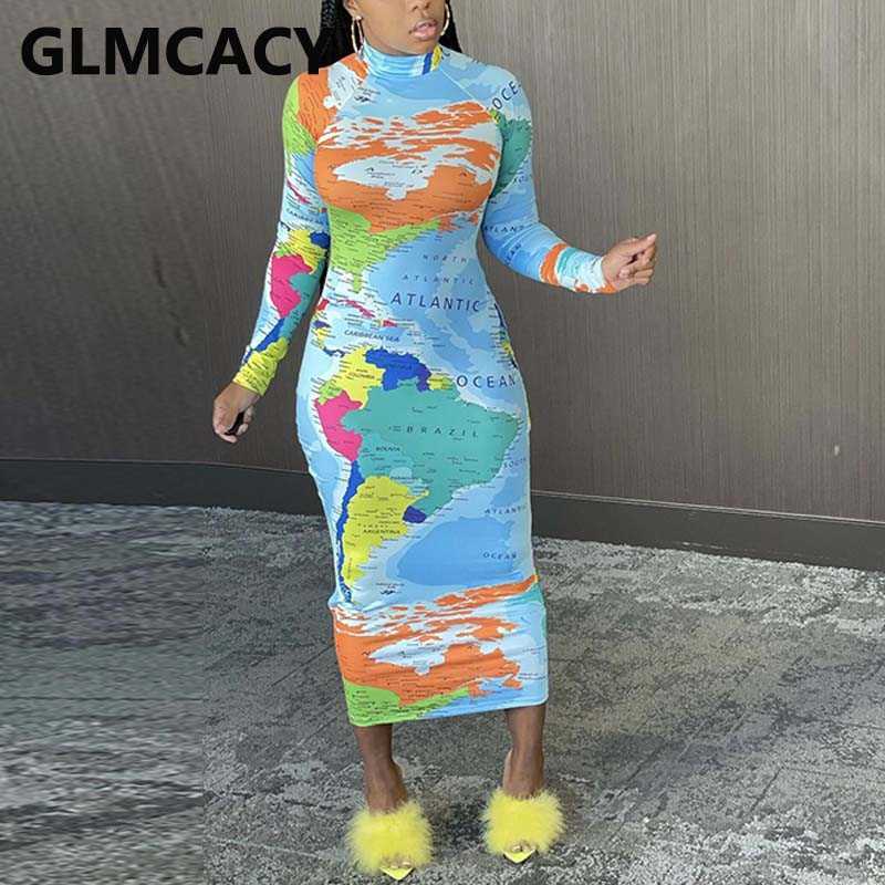 Women World Map Printed Slim Maxi Dress Elegant Long Sleeve Evening Party Pencil Long Dresses Robe 210702