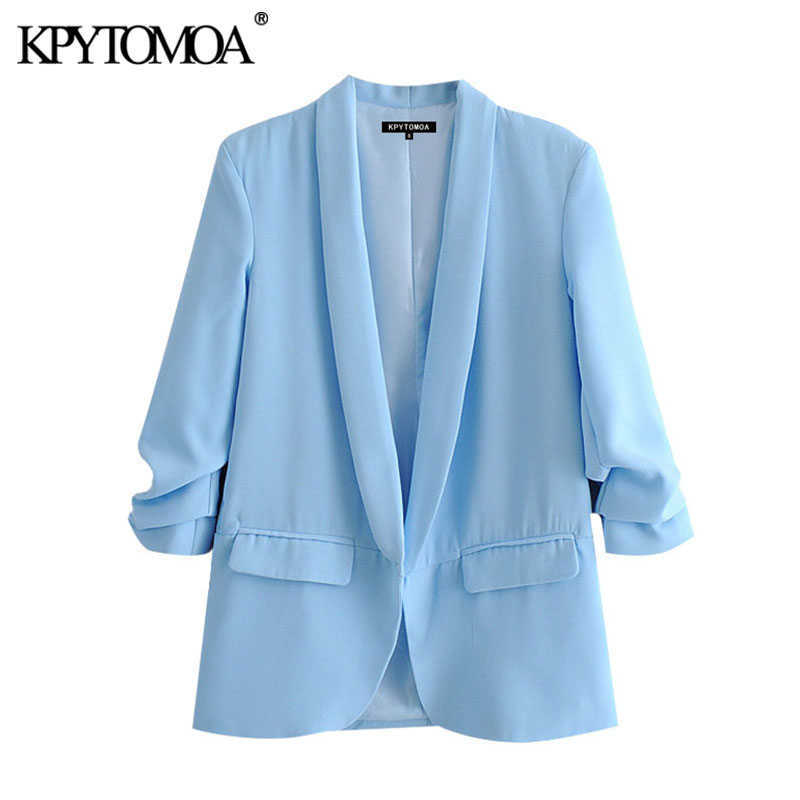 KPYTOMOA Women Fashion Office Wear Basic Blazers Coat Vintage Pleated Long Sleeve Pockets Female Outerwear Chic Tops 210930