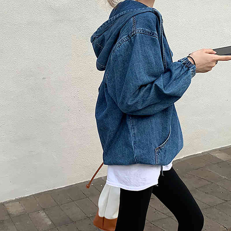 Nomikuma Jeans Hooded Sweatshirt Autumn Causal Long Sleeve Women Hoody Korean Drawstring Pocket Demin Hoodie Jumper 6C511 210427