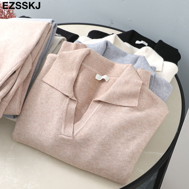 2 Pieces Set Women oversize Tracksuit polo collar Sweater Pullover straight pants CHIC Knitted Outwear sweater suit 220315