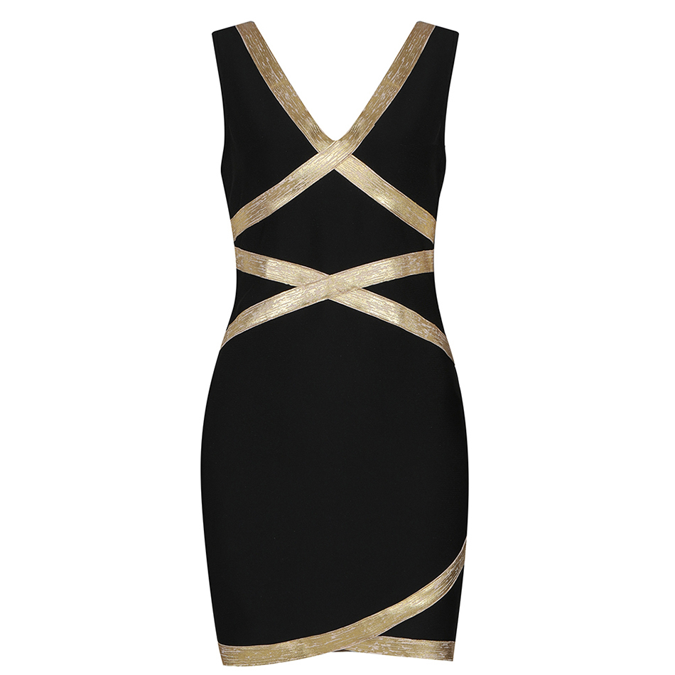 Free Women Bandage Dress Sleeveless V-neck Sexy Striped Gold Layer Bodycon Nightclub Mini Vestidos 210524