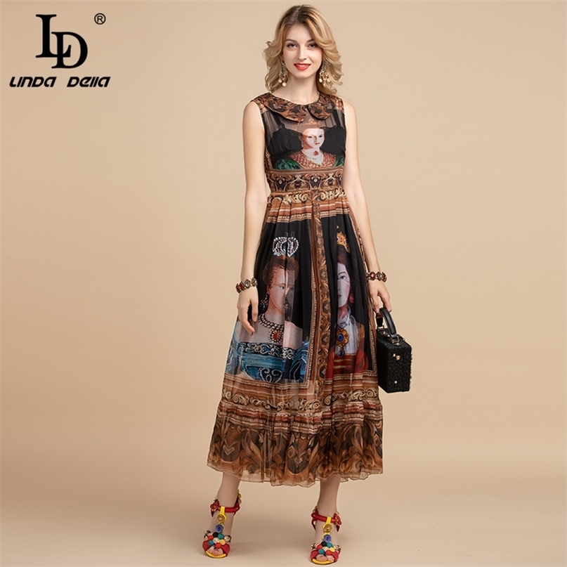 Summer Fashion Runway Vintage Long Dress Women's Sleeveless High waist Character Print Chiffon Dresses 210522
