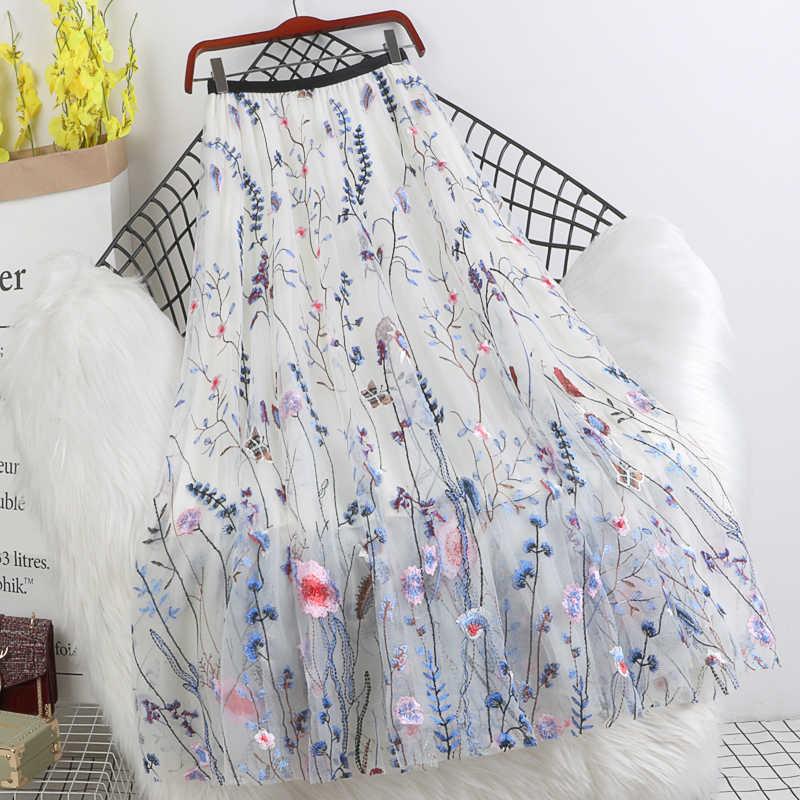 Summer Women Mesh Skirt Fashion Flowers Embroidery Long Ladies Elegant Voile Appliques Mid-calf Swing s 210619