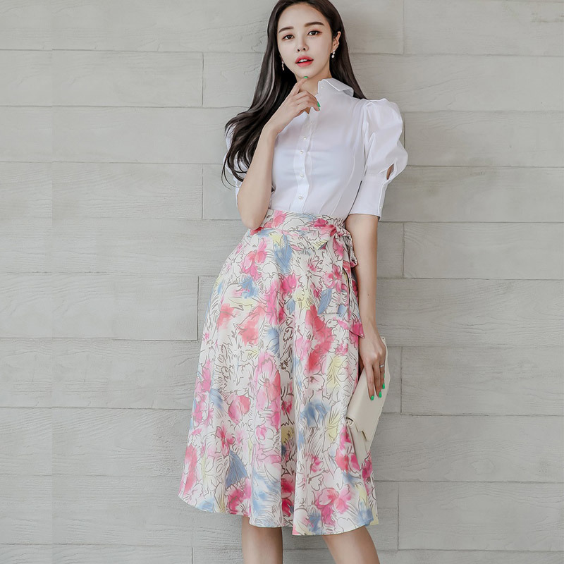 Summer White Puff Sleeve Shirt Button Tops + Print Floral Bow Skirt Suit Beach Vacation Casual 2 Piece Set for Women 210506