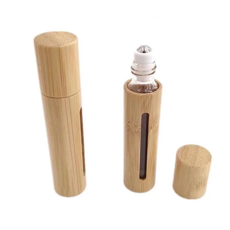 5ml 10ml Full natural bamboo Essential Oil Roller-ball Bottle carved window Clear Glass Roll On Perfume Bottles Stainless Steel Rollers Ball